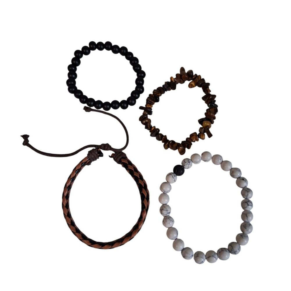 Tigers Eye Stretch Braided Sliding Knot Bundle of 4 Assorted Unisex Bracelets